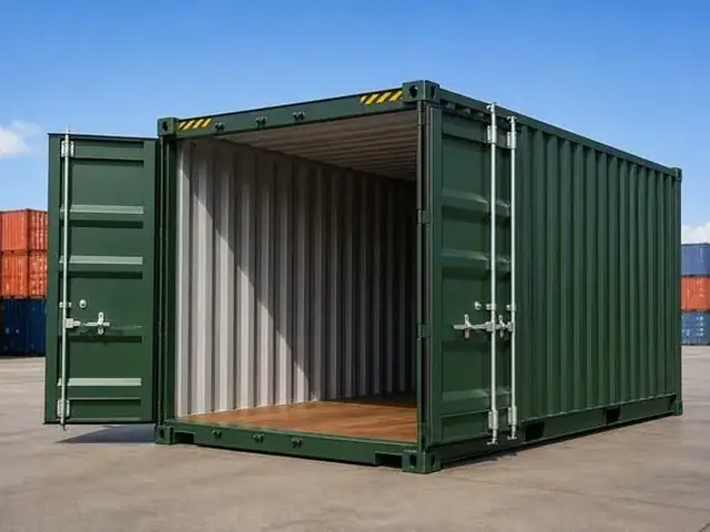 Container verde com portas abertas, pronto para uso em armazenamento