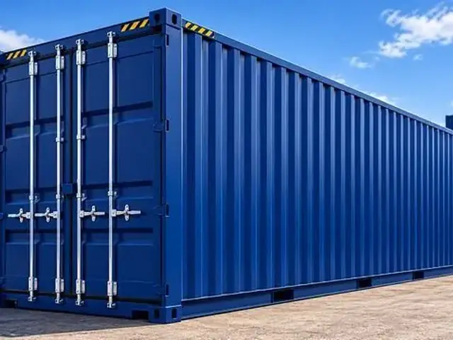 Container marítimo modelo High Cube azul, com maior altura interna