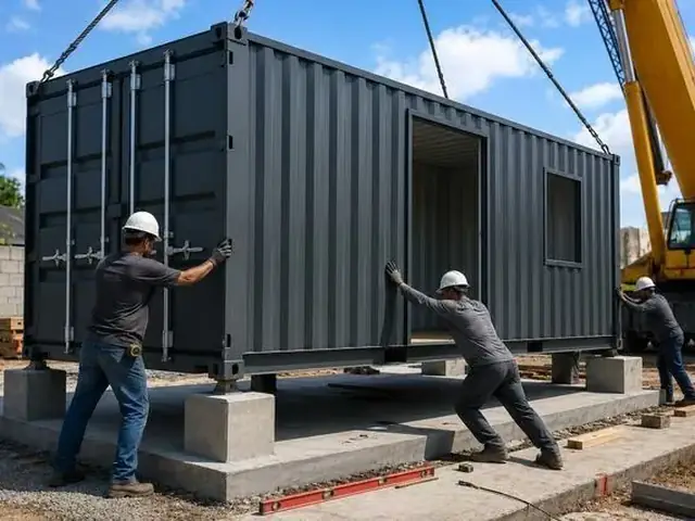 Equipe posicionando um container com o auxílio de um guindaste em canteiro de obras