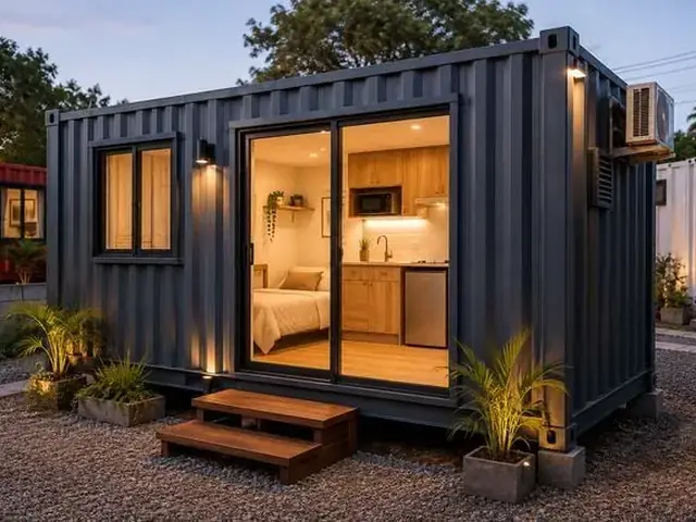Projeto compacto de container mostrando quarto e cozinha integrados em ambiente noturno iluminado